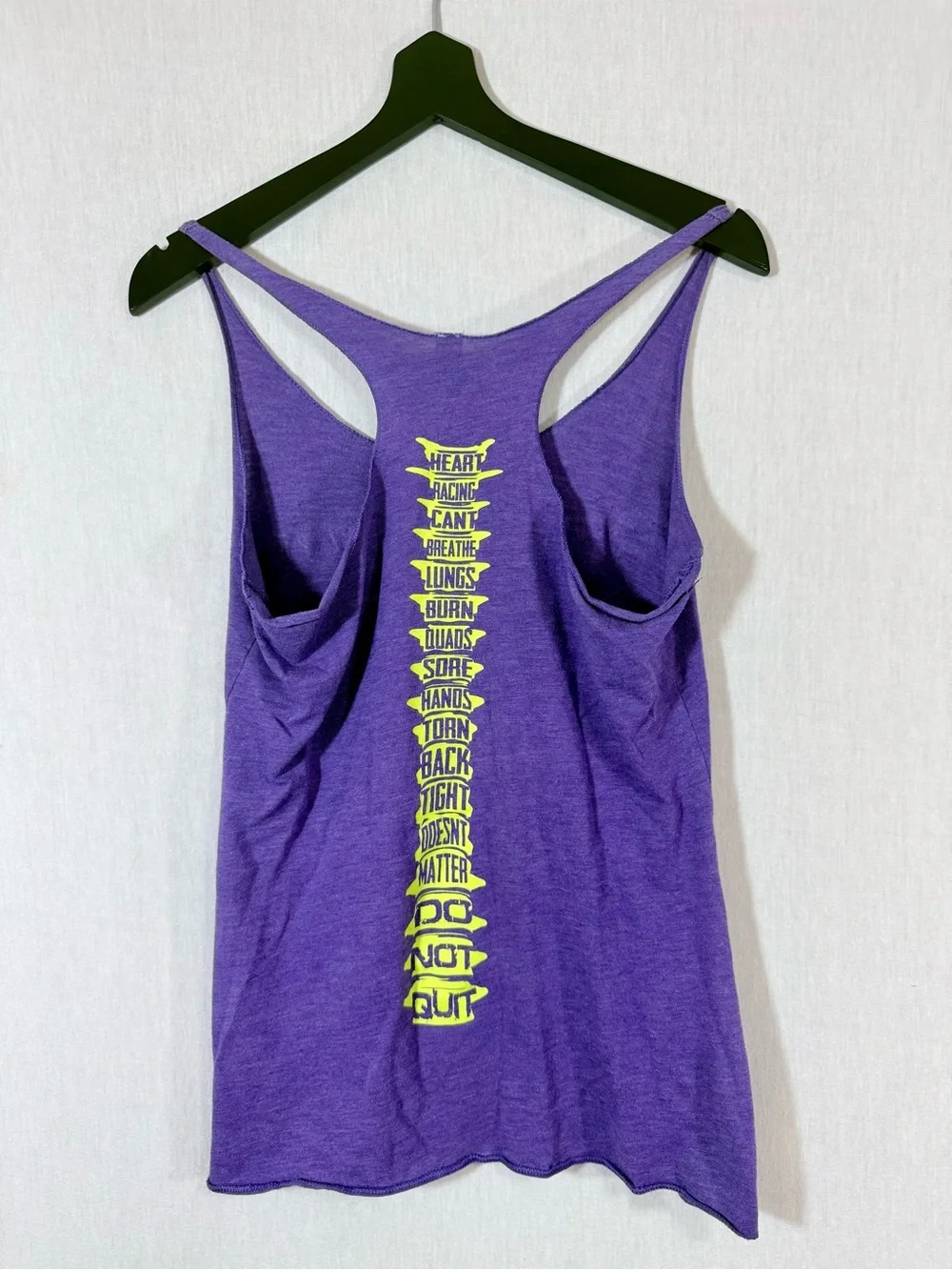 Next Level Apparel S Purple Racerback workout Tank with Yellow spine Graphic